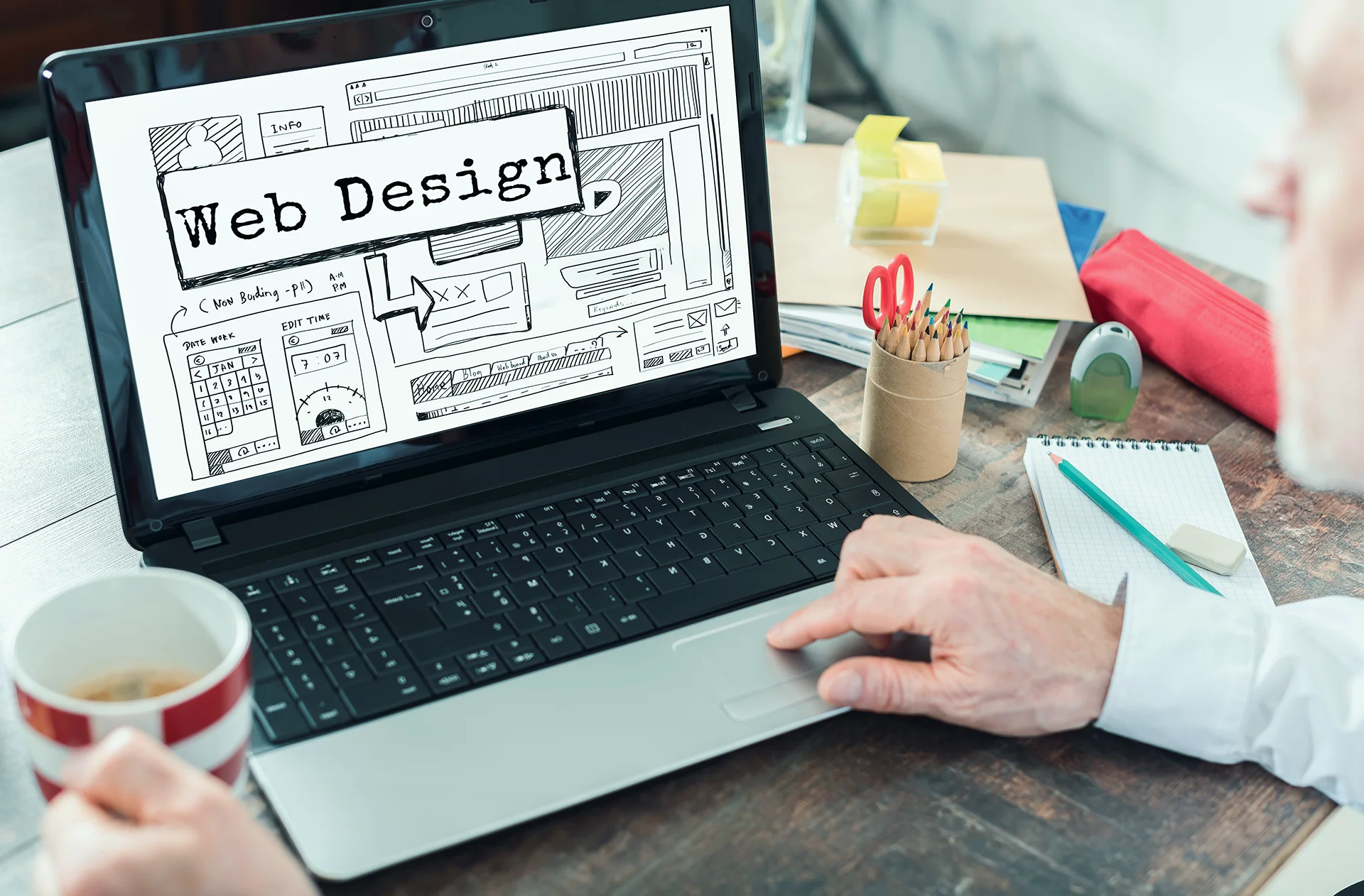 Creative Process Web Design With Laptop Coffee Sketch Materials Desk Bright Workspace